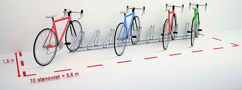 Stanowiska Multibike 10 ustawione prostopadle - wymagane miejsce 5,6 × 1,5 m Dziesięć stanowisk stojaka Multibike 10 ustawionych prostopadle - wymagane miejsce 5,6 × 1,5 m
