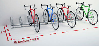 Stanowiska Multibike 10 ustawione pod kątem 45 stopni - wymagane miejsce 4,3 × 2 m Dziesięć stanowisk stojaka Multibike 10 ustawionych pod kątem 45 stopni - wymagane miejsce 4,3 × 2 m