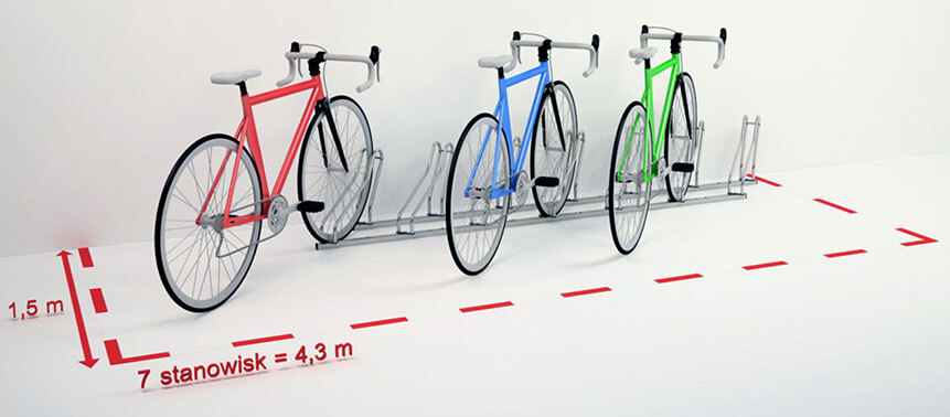 Siedem stanowisk stojaka Multibike 7 ustawionych prostopadle - wymagane miejsce 4,3 × 1,5 m