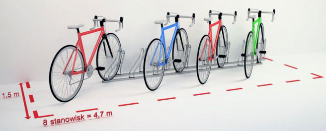 Stanowiska Multibike 8 ustawione prostopadle - wymagane miejsce 4,7 × 1,5 m Osiem stanowisk stojaka Multibike 8 ustawionych prostopadle - wymagane miejsce 4,7 × 1,5 m