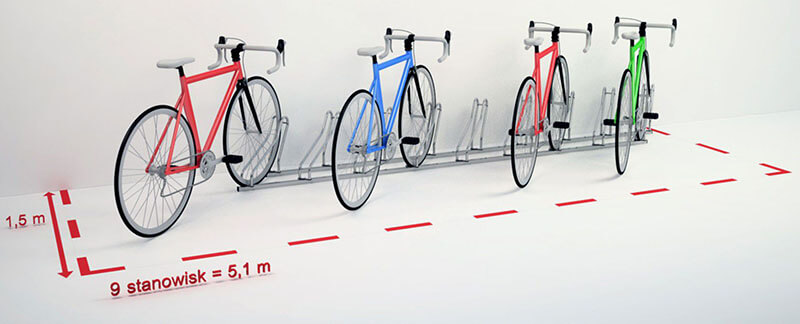 Dziewięć stanowisk stojaka Multibike 9 ustawionych prostopadle - wymagane miejsce 5,1 × 1,5 m