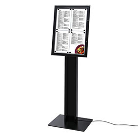 Czarny stojak na menu z gablotą 4xA4 z podświetleniem LED S-BLACK 